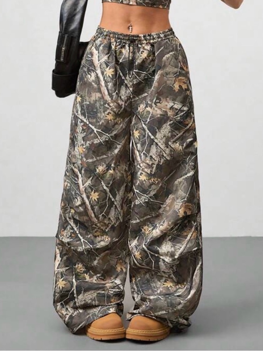 Coolane Camo Print Drawstring Hem Parachute Cargo Pants